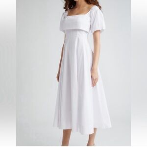 White Square-Neck Puff Sleeve Midi Dress
